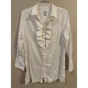 Chico's Ruffle Front Button Down Women 2 L White Excellent Raw Edge Long Sleeve